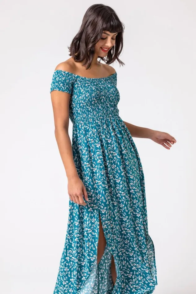 Women Petrol Blue Shirred Ditsy Leaf Print Bardot Dress Roman Dresses