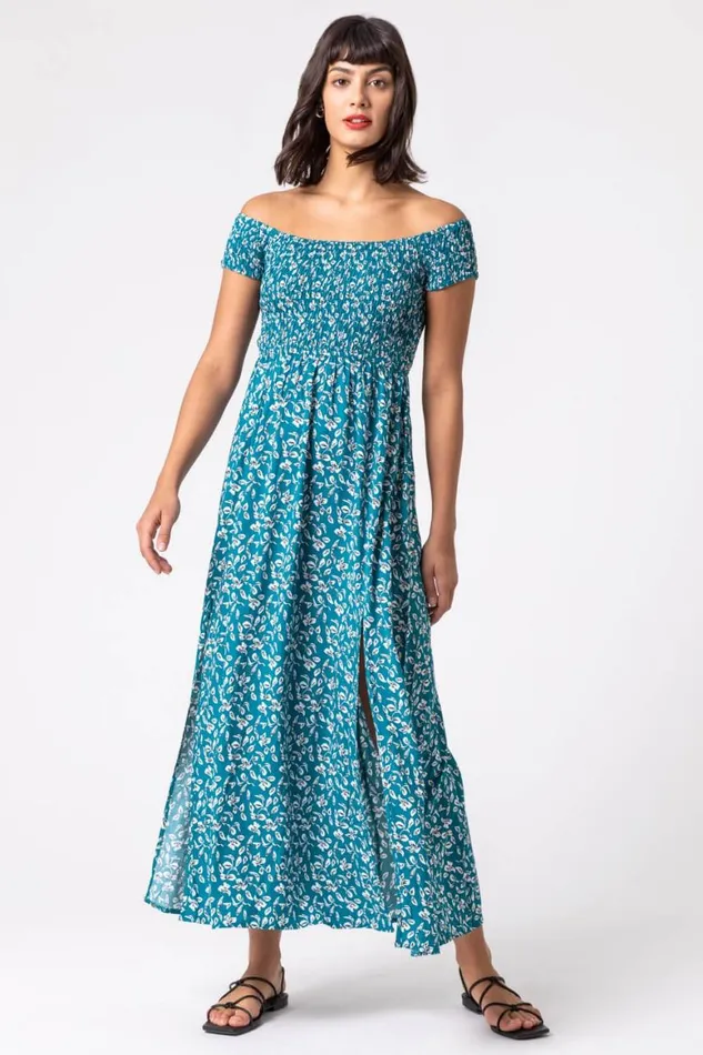 Women Petrol Blue Shirred Ditsy Leaf Print Bardot Dress Roman Dresses