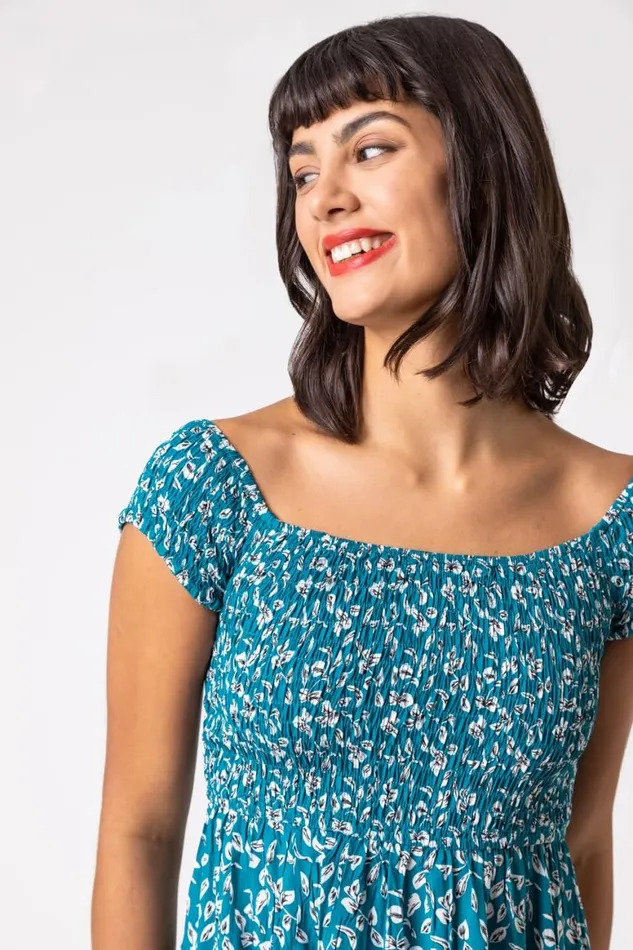 Women Petrol Blue Shirred Ditsy Leaf Print Bardot Dress Roman Dresses
