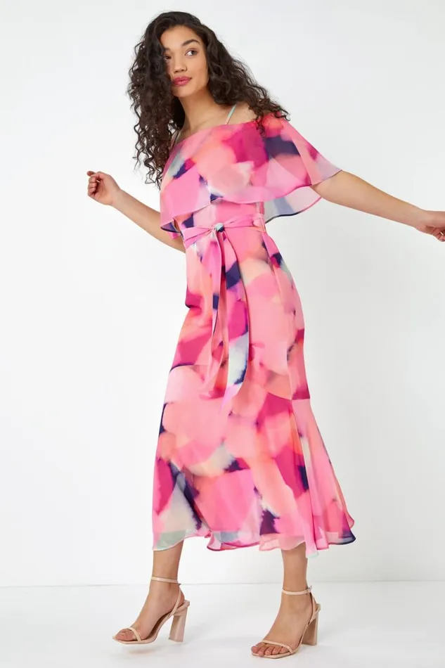 Women Pink Abstract Overlay Chiffon Maxi Dress Roman Dresses