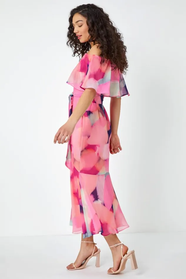 Women Pink Abstract Overlay Chiffon Maxi Dress Roman Dresses