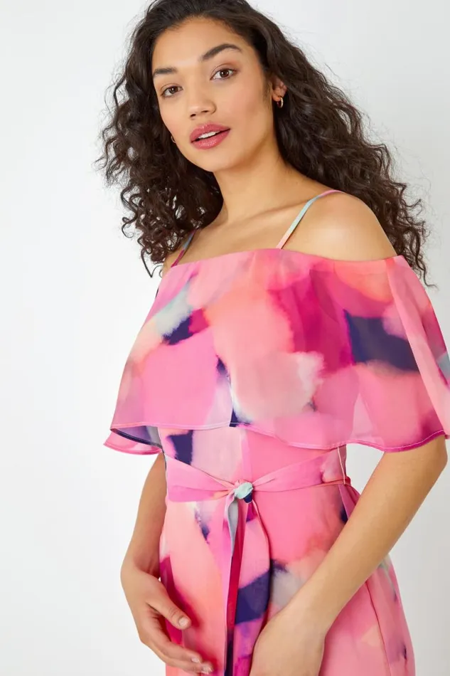 Women Pink Abstract Overlay Chiffon Maxi Dress Roman Dresses