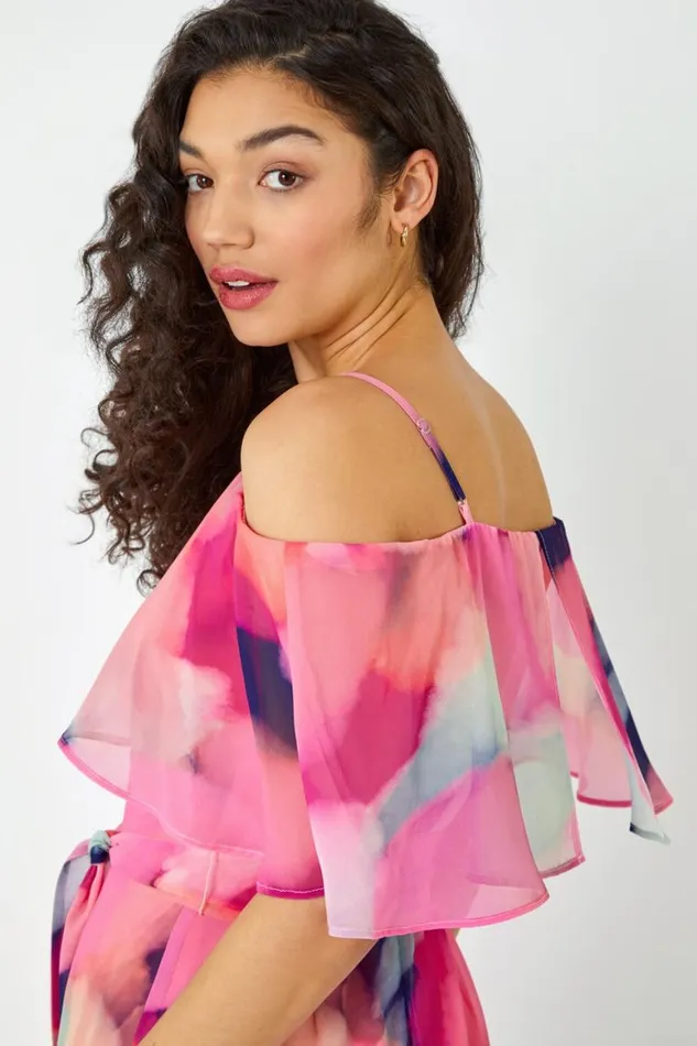 Women Pink Abstract Overlay Chiffon Maxi Dress Roman Dresses