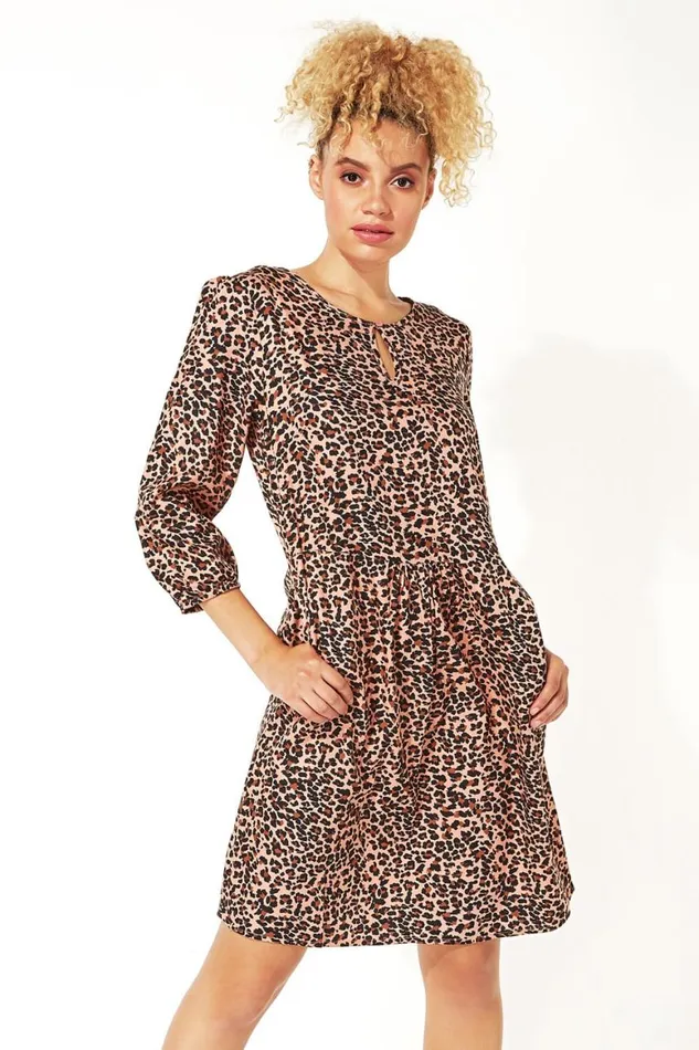 Women Pink Animal Print 34 Sleeve Tunic Dress Roman Dresses