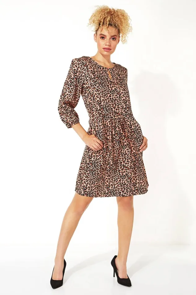 Women Pink Animal Print 34 Sleeve Tunic Dress Roman Dresses