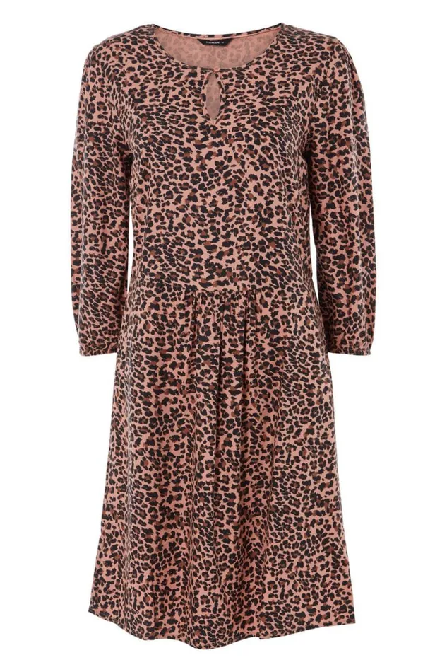 Women Pink Animal Print 34 Sleeve Tunic Dress Roman Dresses