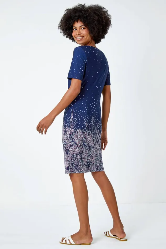 Women Pink Border Print Floral Shift Dress Roman Dresses