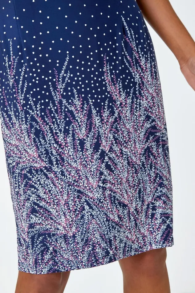 Women Pink Border Print Floral Shift Dress Roman Dresses