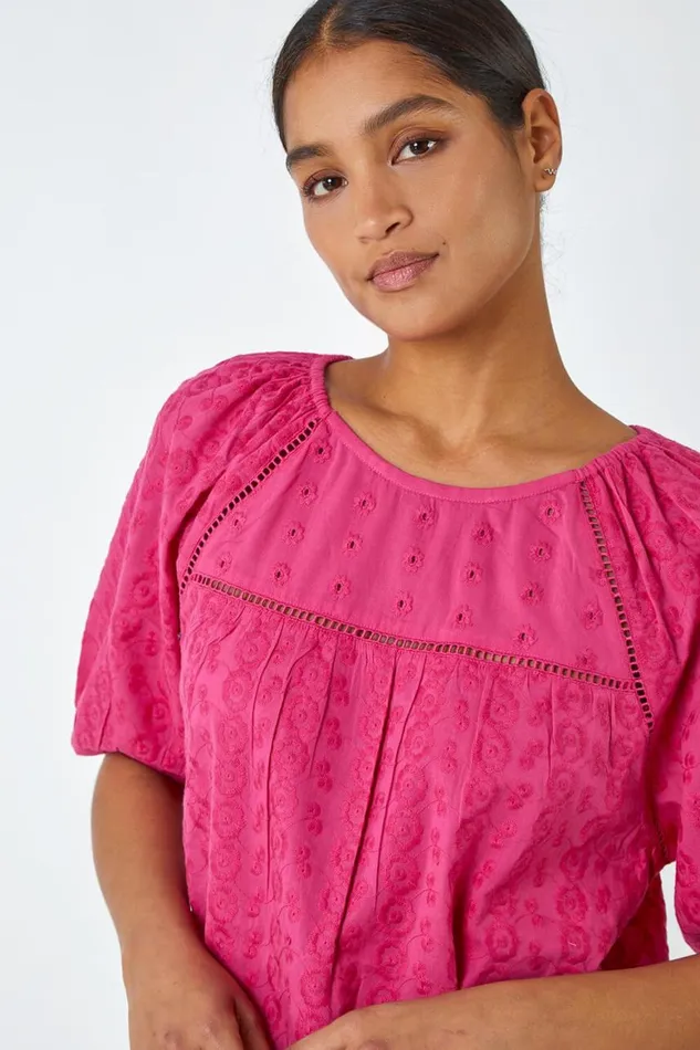 Women Pink Broderie Puff Sleeve Cotton Top Roman Tops