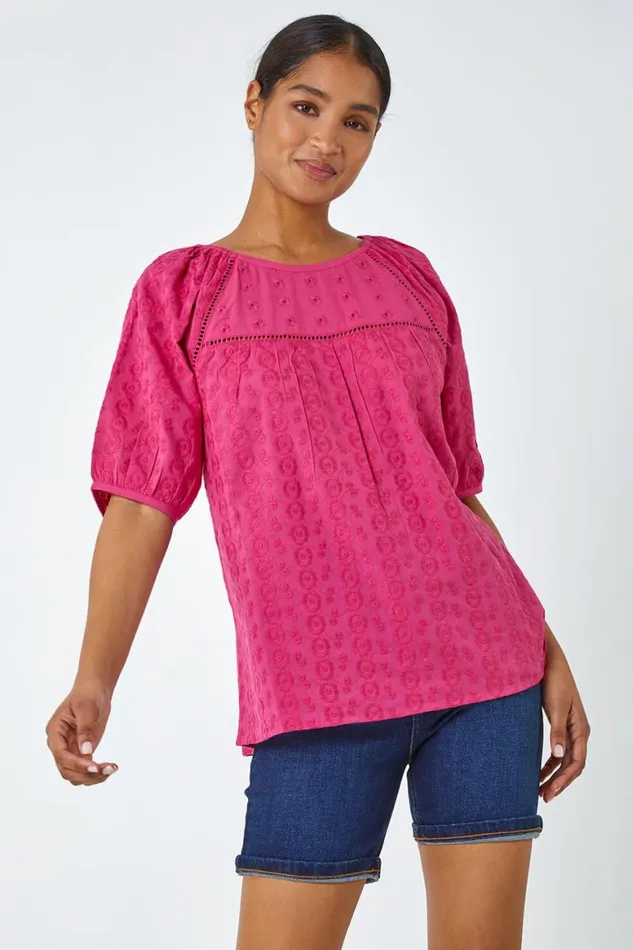 Women Pink Broderie Puff Sleeve Cotton Top Roman Tops