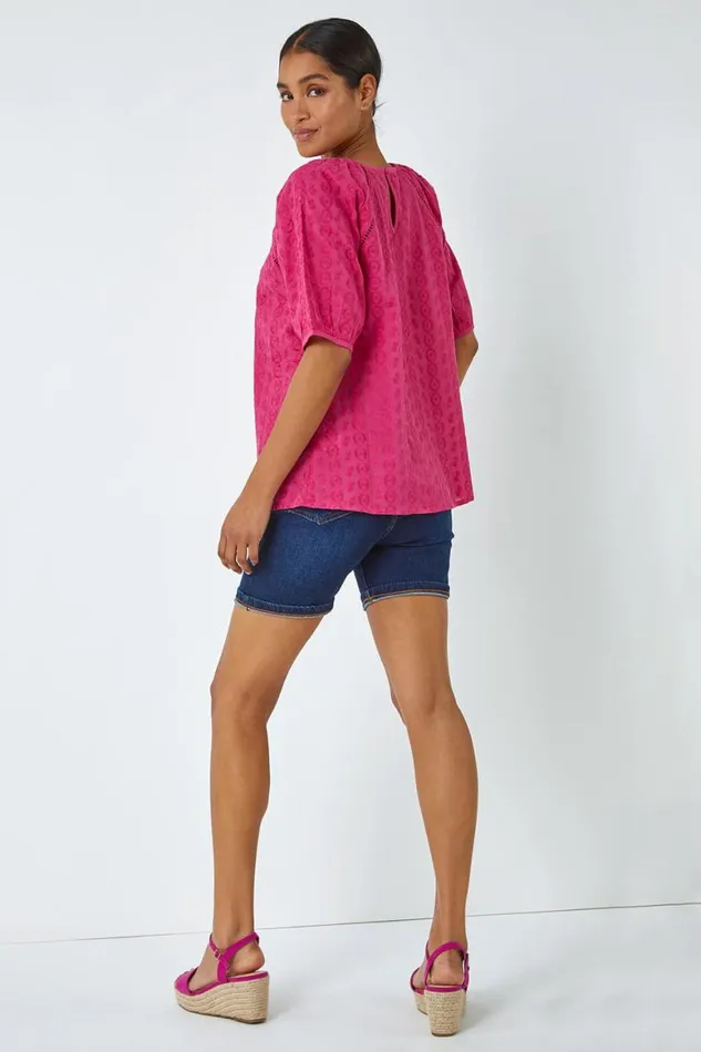 Women Pink Broderie Puff Sleeve Cotton Top Roman Tops
