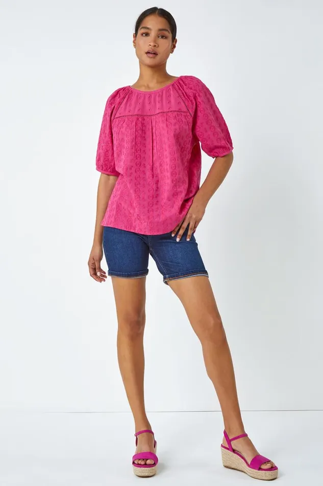 Women Pink Broderie Puff Sleeve Cotton Top Roman Tops