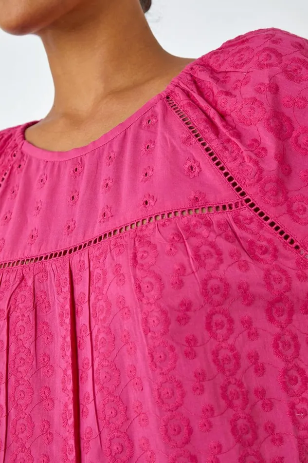 Women Pink Broderie Puff Sleeve Cotton Top Roman Tops