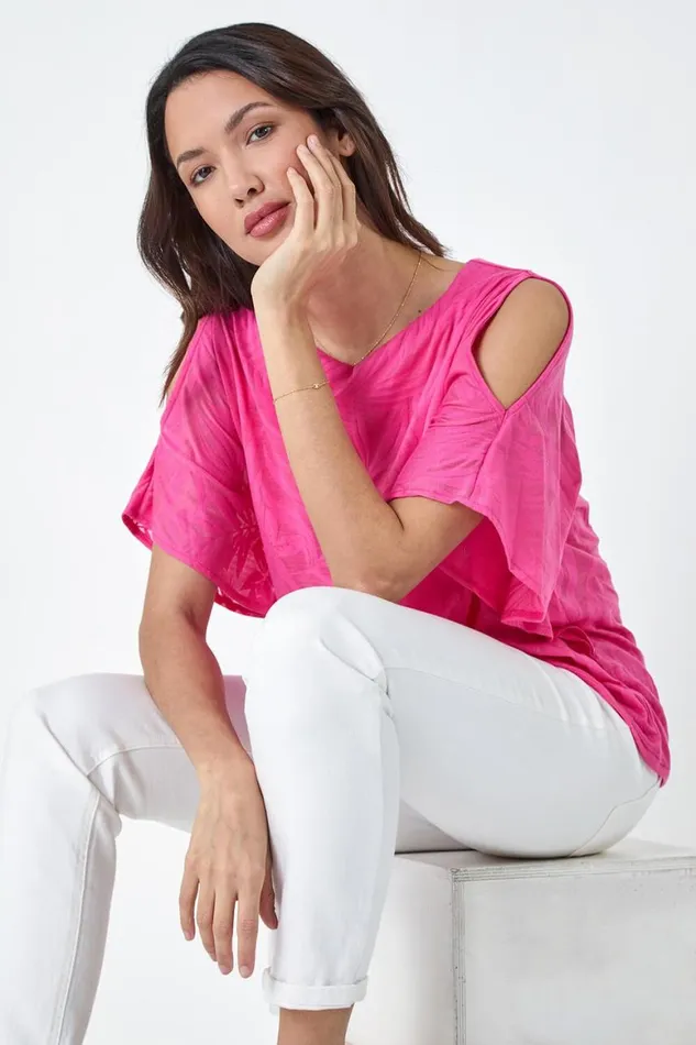 Women Pink Burnout Tropical Leaf Overlay Top Roman Tops