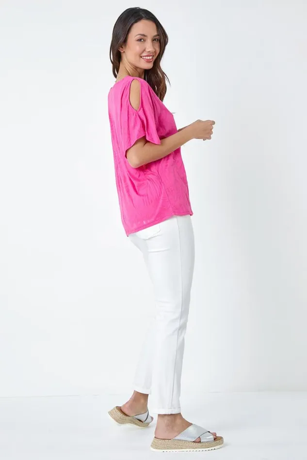 Women Pink Burnout Tropical Leaf Overlay Top Roman Tops