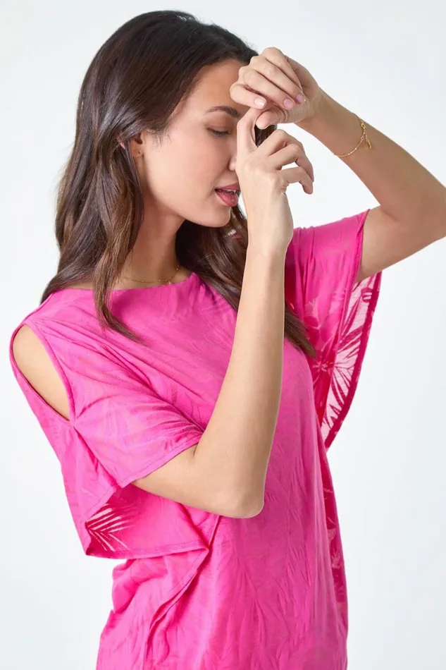 Women Pink Burnout Tropical Leaf Overlay Top Roman Tops