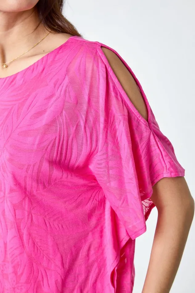 Women Pink Burnout Tropical Leaf Overlay Top Roman Tops