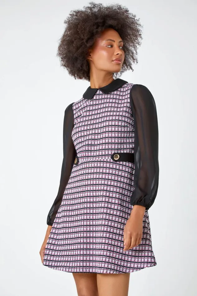 Women Pink Collared Boucle Stretch Dress Roman Dresses