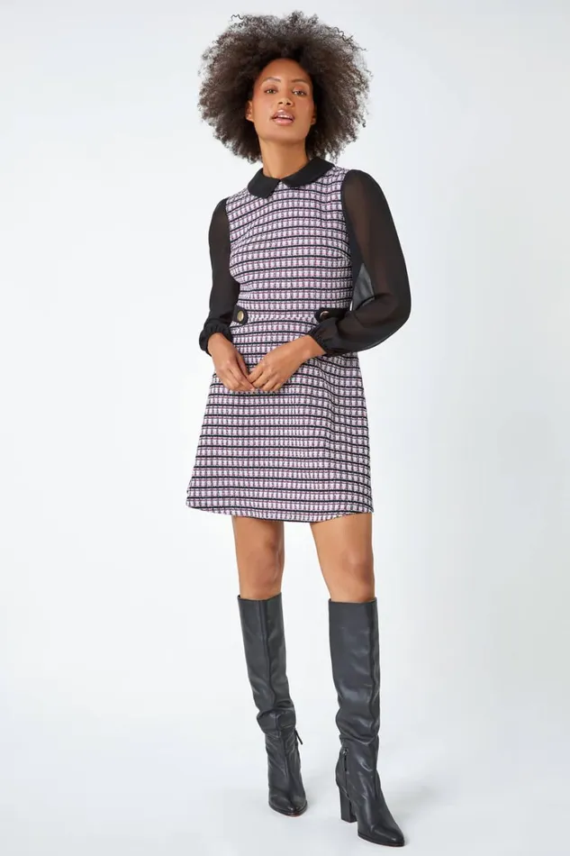 Women Pink Collared Boucle Stretch Dress Roman Dresses