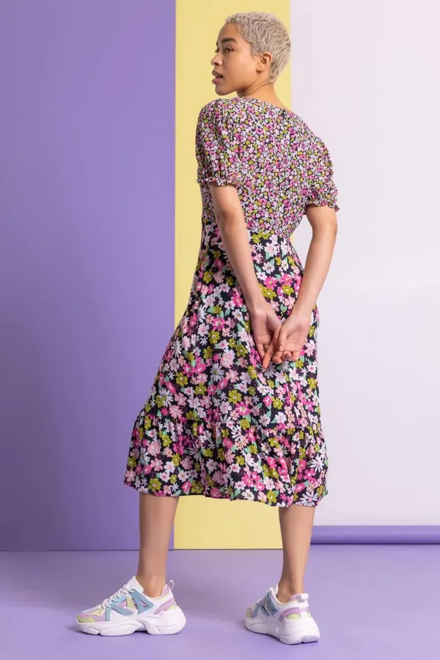 Women Pink Contrast Floral Print Tea Dress Roman Dresses