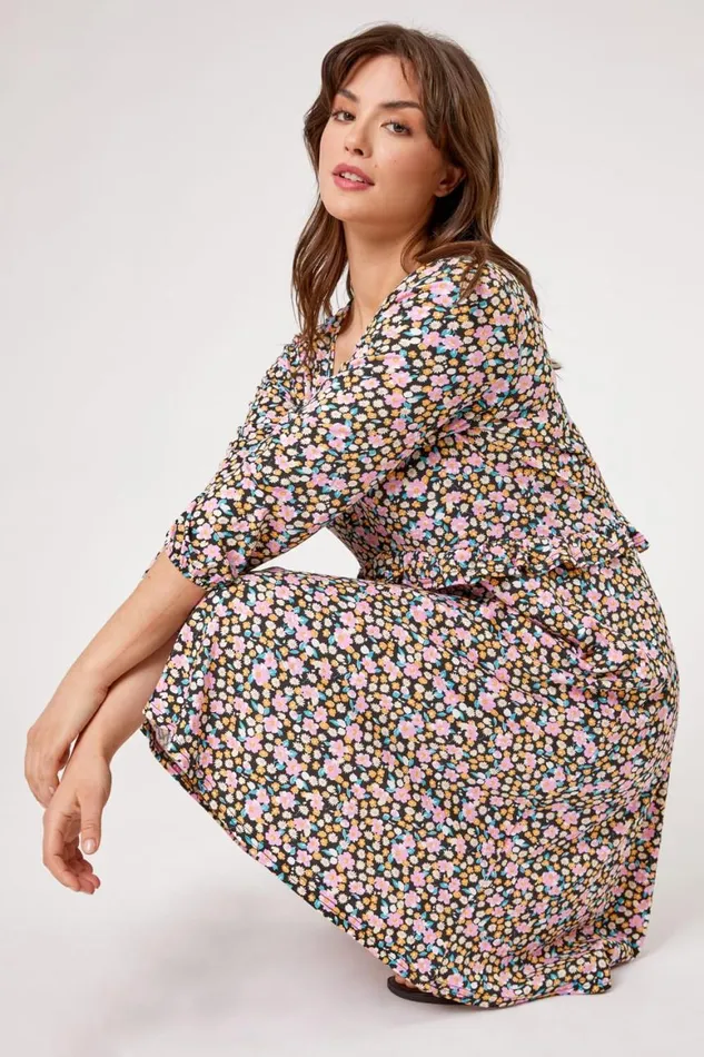 Women Pink Curve Frill Detail Floral Print Dress Roman Dresses