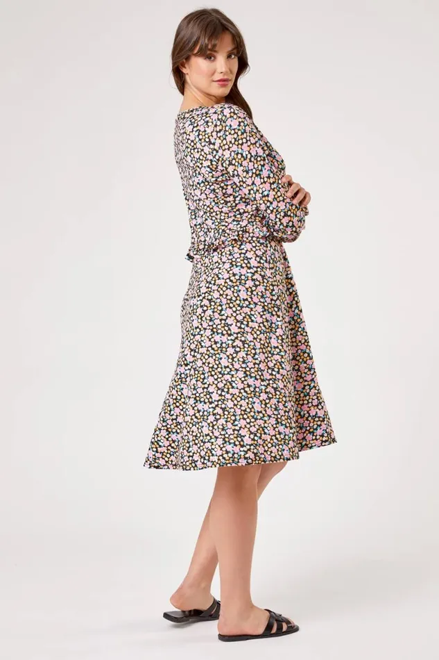 Women Pink Curve Frill Detail Floral Print Dress Roman Dresses