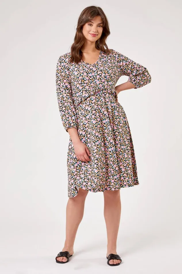Women Pink Curve Frill Detail Floral Print Dress Roman Dresses
