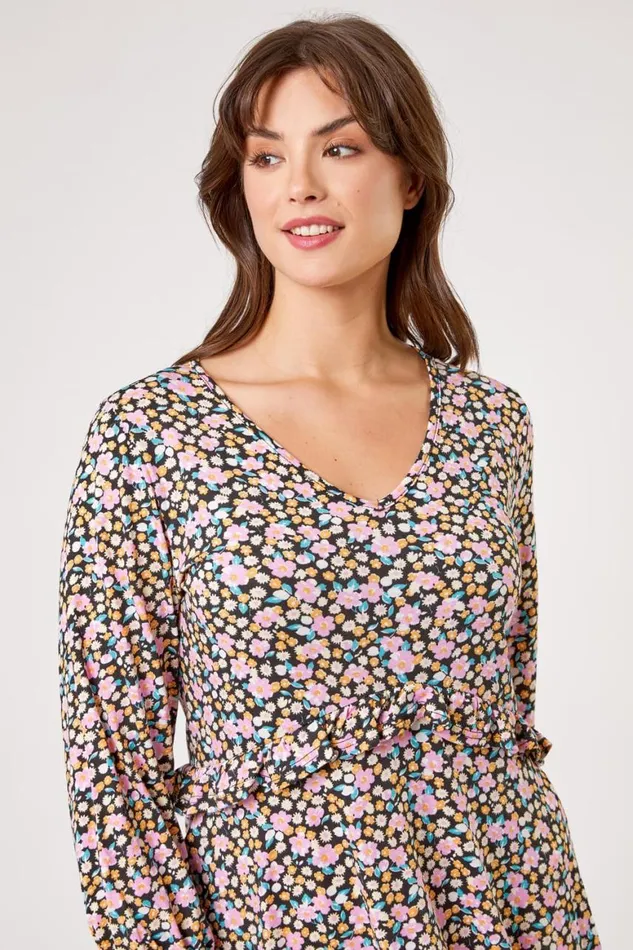 Women Pink Curve Frill Detail Floral Print Dress Roman Dresses
