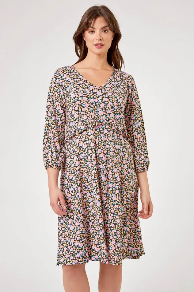 Women Pink Curve Frill Detail Floral Print Dress Roman Dresses