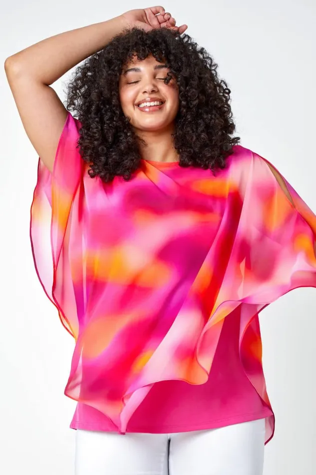 Women Pink Curve Ombre Print Chiffon Overlay Top Roman Tops