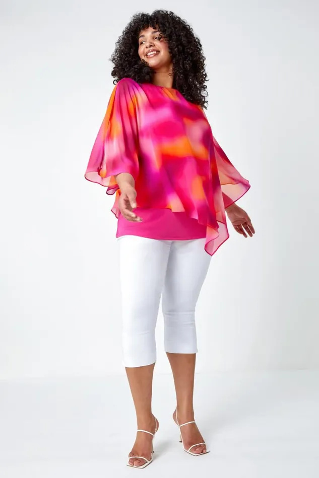 Women Pink Curve Ombre Print Chiffon Overlay Top Roman Tops