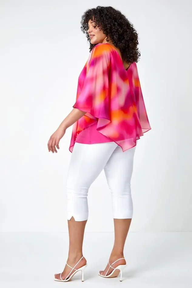 Women Pink Curve Ombre Print Chiffon Overlay Top Roman Tops