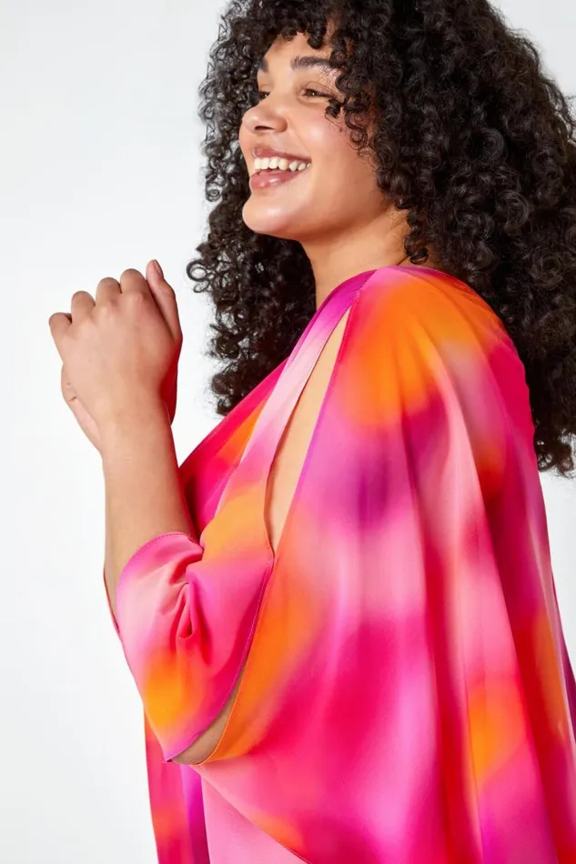 Women Pink Curve Ombre Print Chiffon Overlay Top Roman Tops