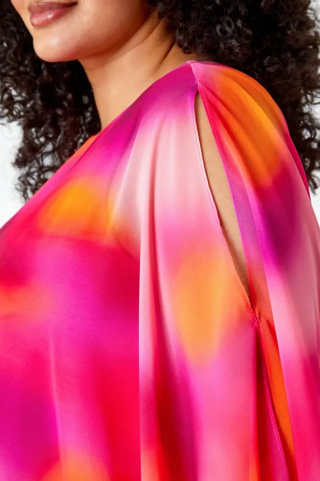 Women Pink Curve Ombre Print Chiffon Overlay Top Roman Tops