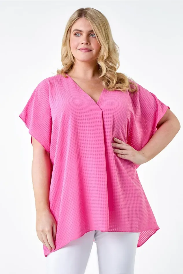 Women Pink Curve Textured Plain Pleat Front Top Roman Tops