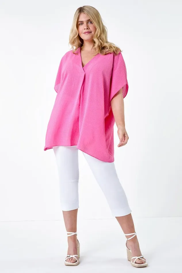Women Pink Curve Textured Plain Pleat Front Top Roman Tops