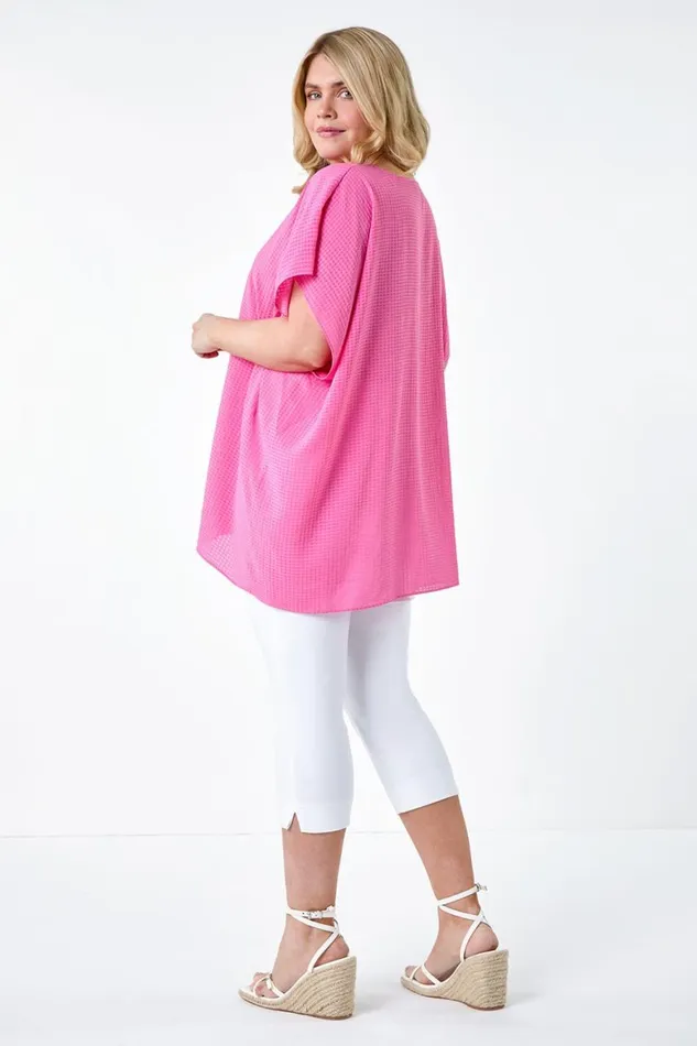 Women Pink Curve Textured Plain Pleat Front Top Roman Tops