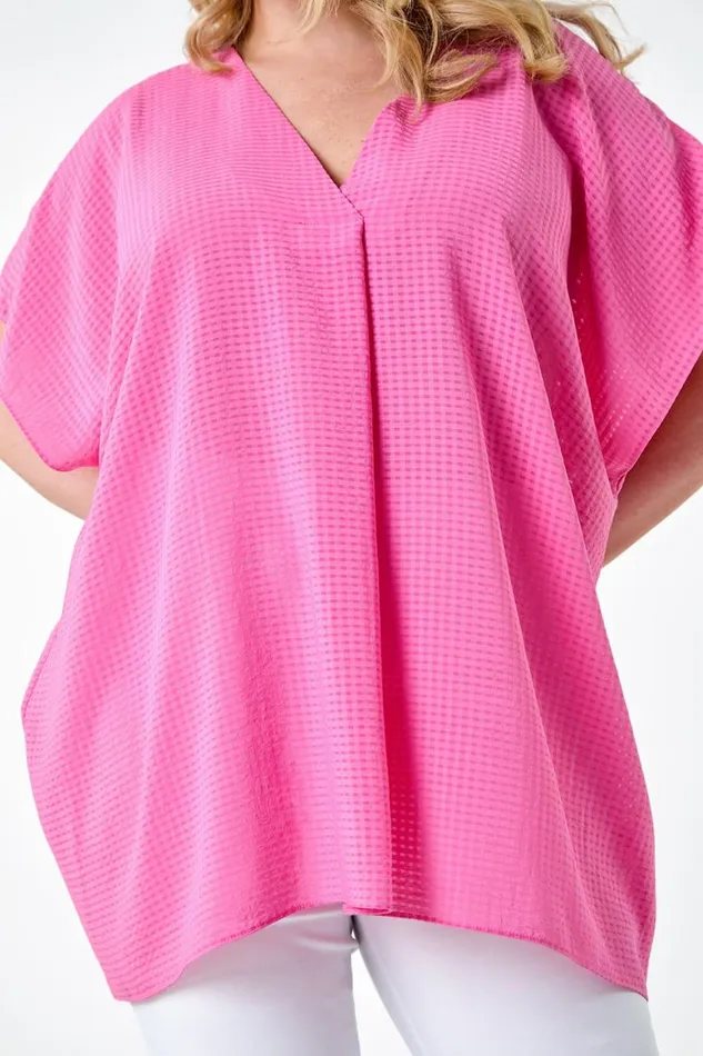 Women Pink Curve Textured Plain Pleat Front Top Roman Tops