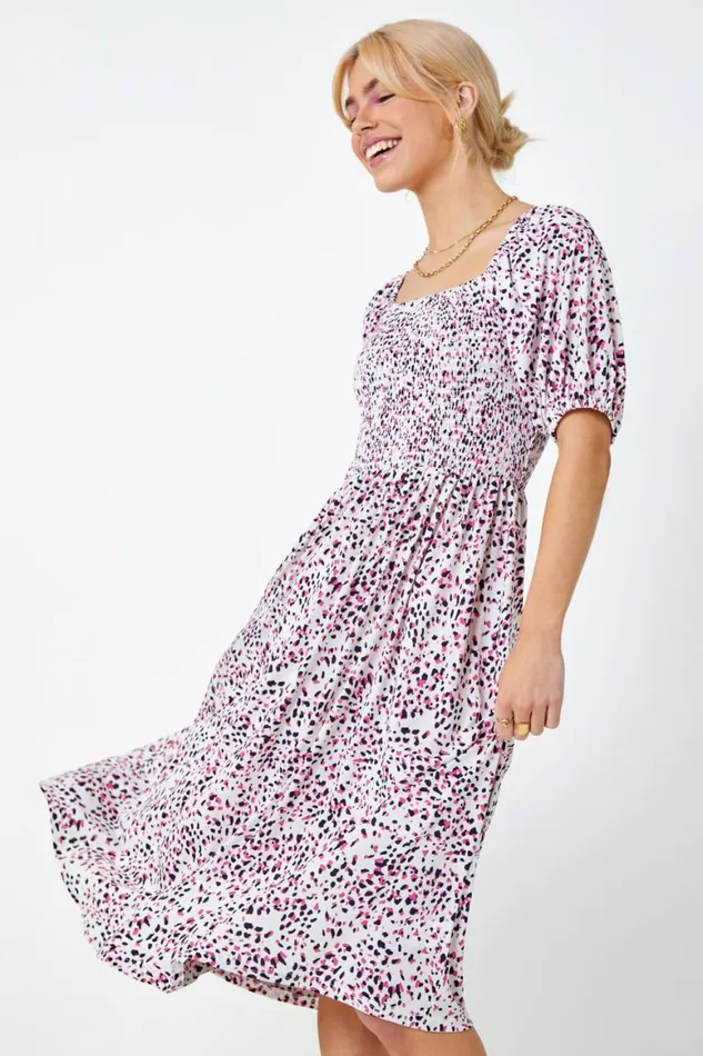 Women Pink Ditsy Spot Print Shirred Dress Roman Dresses