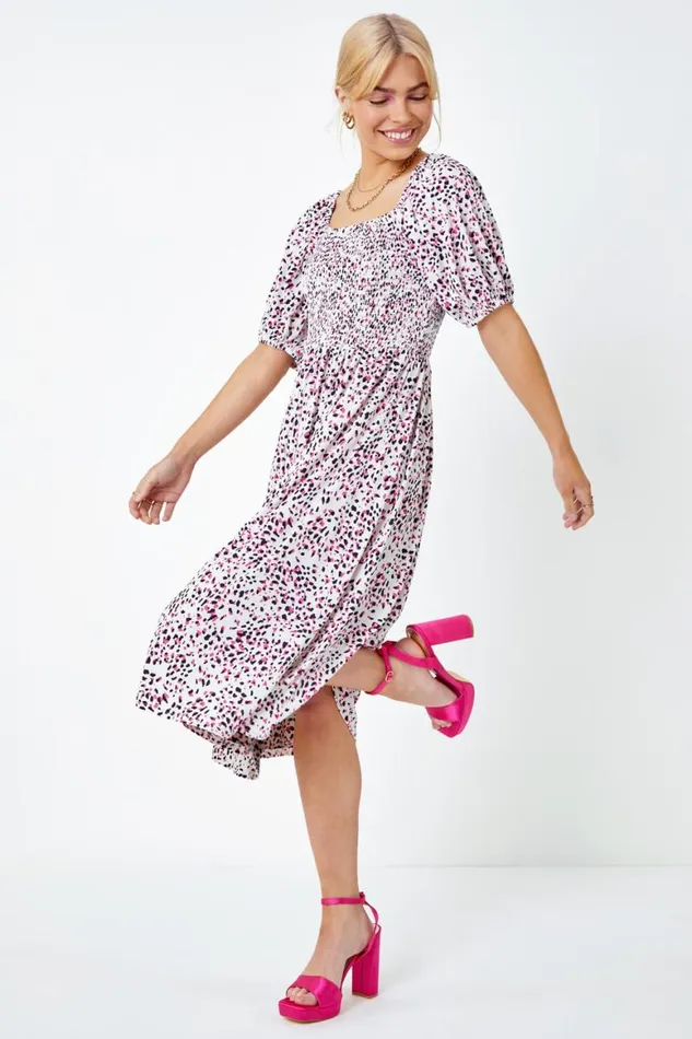 Women Pink Ditsy Spot Print Shirred Dress Roman Dresses