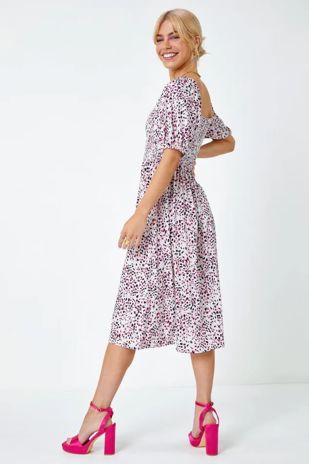 Women Pink Ditsy Spot Print Shirred Dress Roman Dresses