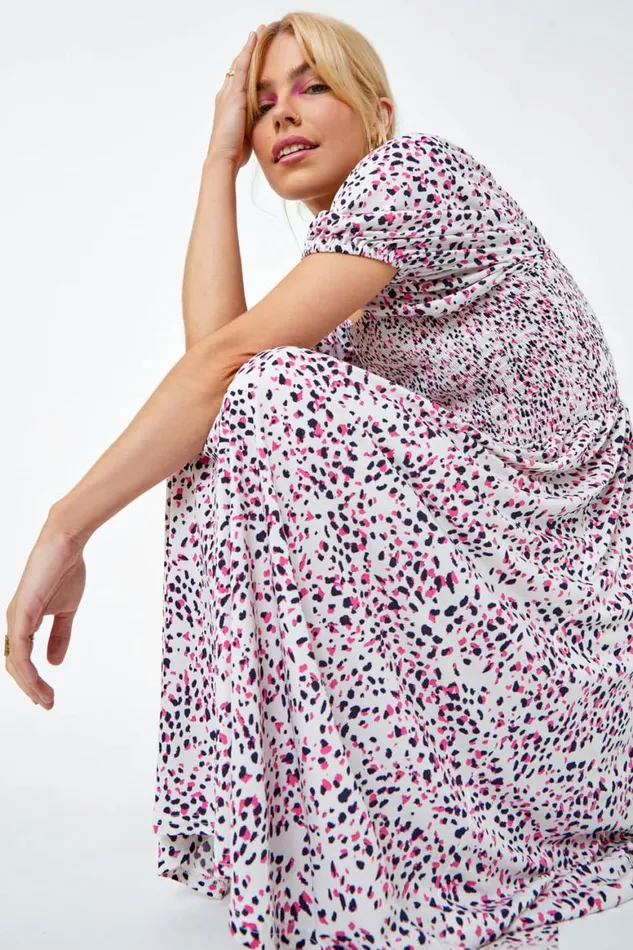 Women Pink Ditsy Spot Print Shirred Dress Roman Dresses