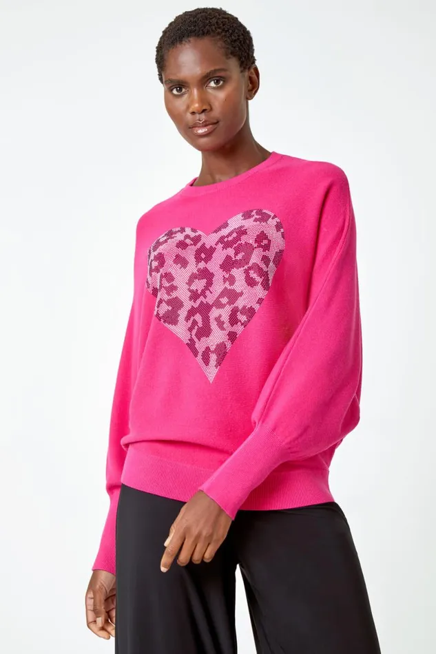 Women Pink Embellished Animal Heart Print Jumper Roman Knitwear