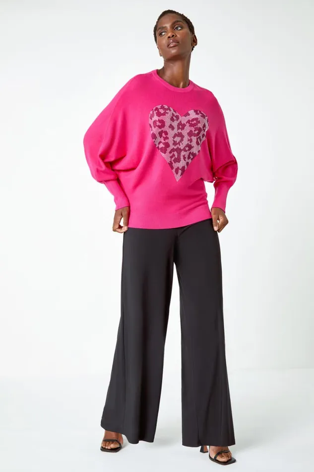 Women Pink Embellished Animal Heart Print Jumper Roman Knitwear