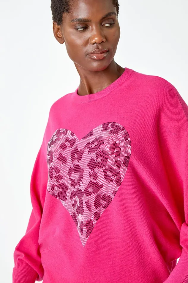 Women Pink Embellished Animal Heart Print Jumper Roman Knitwear