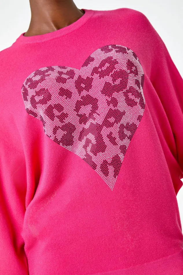 Women Pink Embellished Animal Heart Print Jumper Roman Knitwear