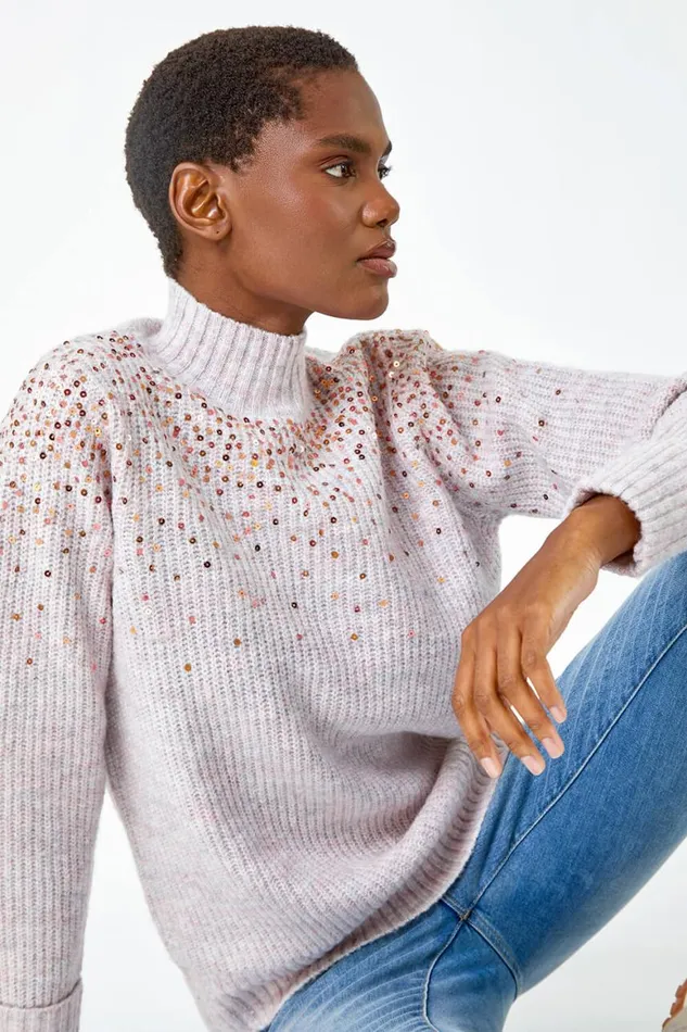 Women Pink Embellished Sequin Ribbed Stretch Jumper Roman Knitwear