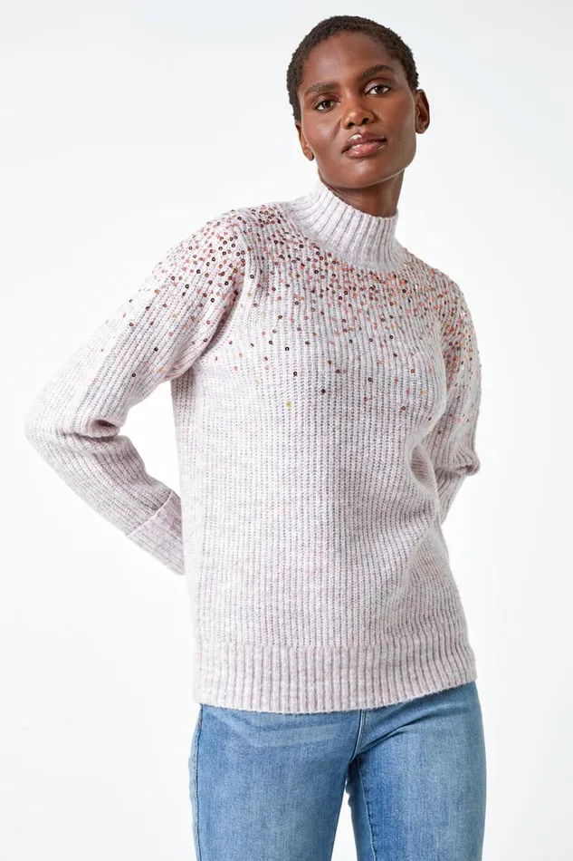 Women Pink Embellished Sequin Ribbed Stretch Jumper Roman Knitwear