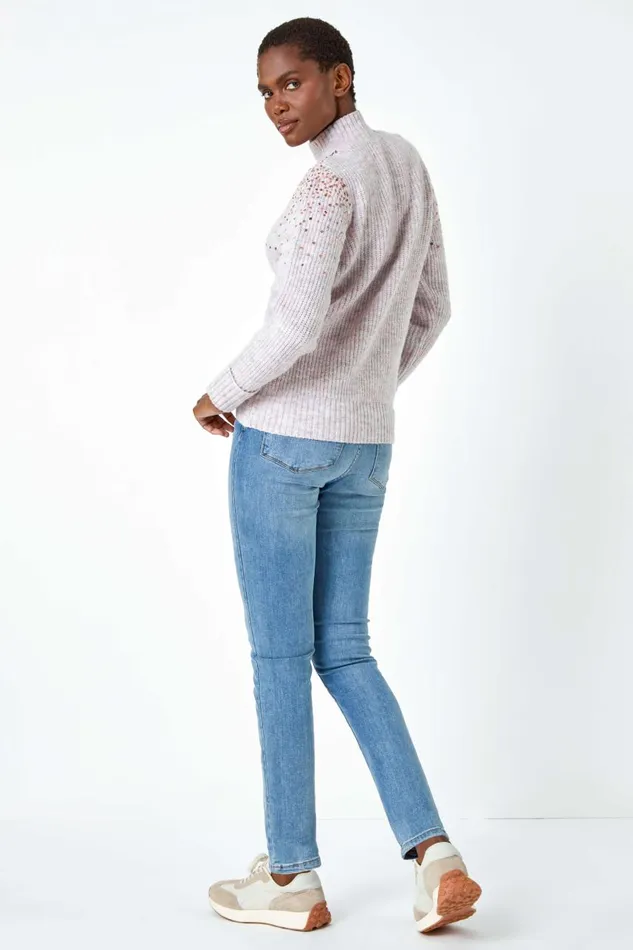 Women Pink Embellished Sequin Ribbed Stretch Jumper Roman Knitwear