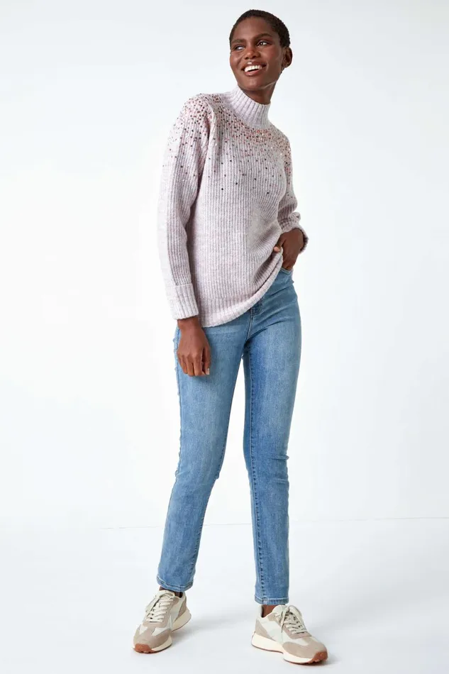Women Pink Embellished Sequin Ribbed Stretch Jumper Roman Knitwear
